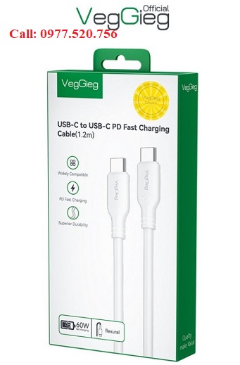 Cáp Sạc Nhanh USB type-C to type-C  60W dài 1.2m  VegGieg V-M001C